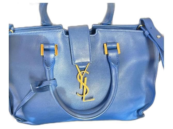 Yves Saint Laurent Monogramm-Einkaufstasche Blau Leder  ref.1090122