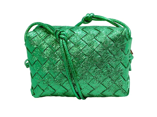 Bottega Veneta Green Metallic Intrecciato Laminated Leather  Mini Loop Crossbody Bag  ref.1090165