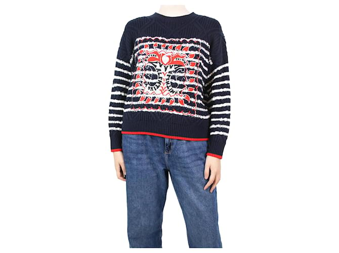 Valentino Navy blue striped and embroidered jumper - size L Wool  ref.1090361