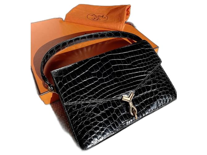 Hermès Handbag, crocodile, Cordelière model / CORDEAU Black Exotic leather  ref.1090397