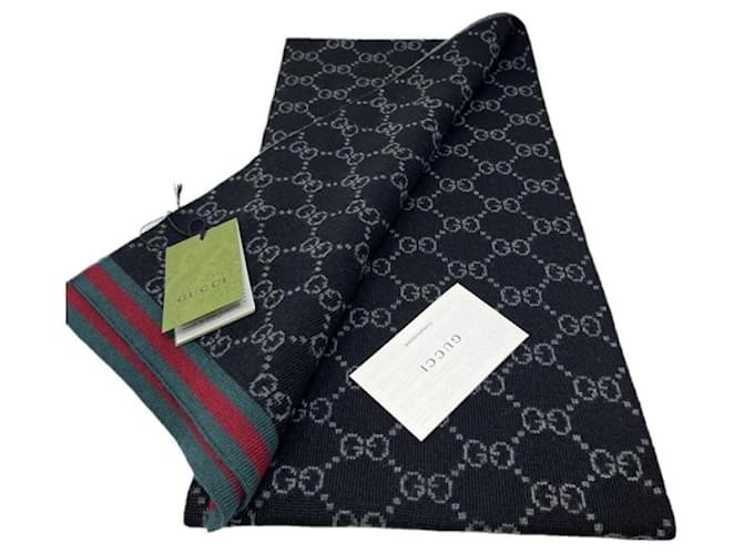 foulard Gucci 100% Lana 23x180 nouveau cm Laine Noir Gris  ref.1091371