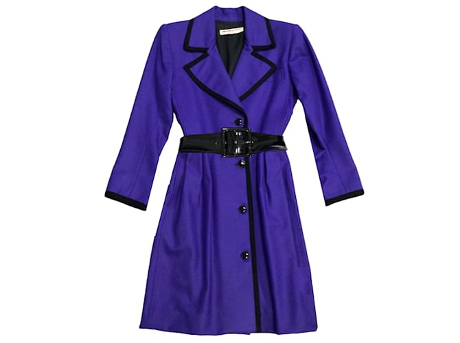 Saint Laurent Rive Gauche Vintage Violet / Robe en laine ceinturée en cuir verni à manches longues et finitions noires  ref.1091525