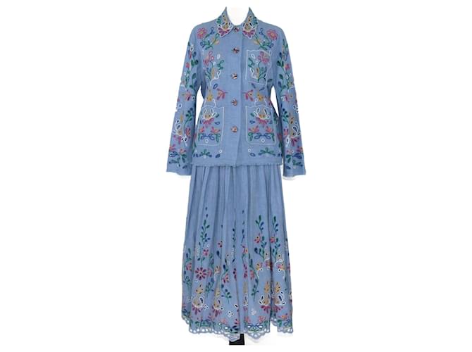 Chloé Blue Flower Embroidered Overshirt & Maxi Skirt Set Cotton  ref.1091558