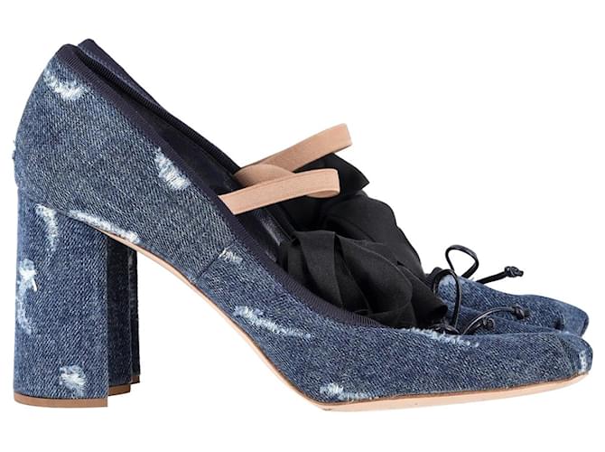 Zapatos de salón Mary Jane con lazo al tobillo de Miu Miu en denim de algodón azul Juan  ref.1092141