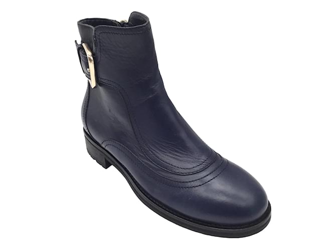 Jimmy Choo Brylee Navy Blue / Gold Buckle Flat Leather Ankle Boots  ref.1092867