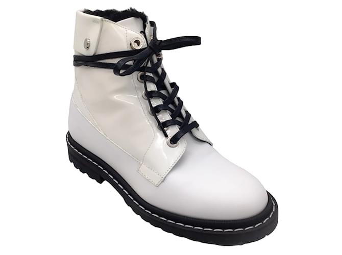Jimmy Choo White / Black Shearling Lined Lace-Up Leather and Patent Leather Boots  ref.1092870
