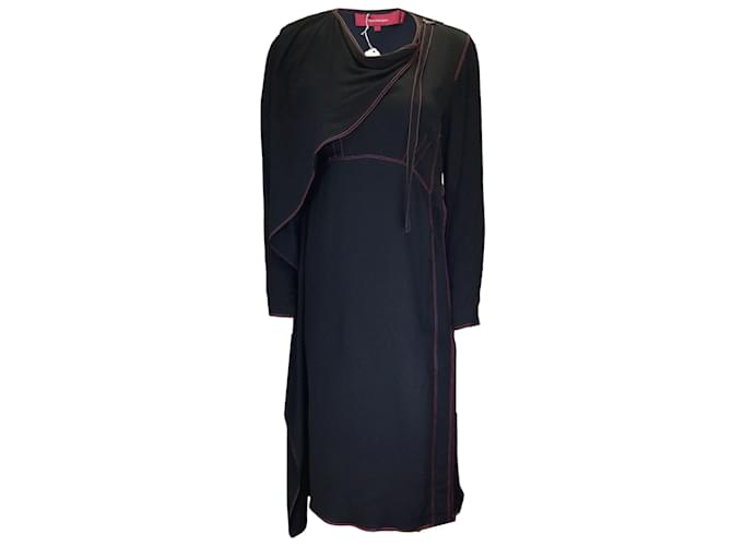 Autre Marque Sies Marjan Black / Red Contrast Stitching Long Sleeved Silk Crepe Midi Dress  ref.1092873