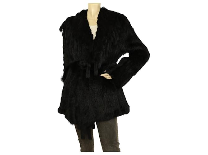 Autre Marque Derhy Rabbit Fur Negro Corte moderno Chaqueta con cinturón Abrigo w. Flecos talla L Piel  ref.1093924