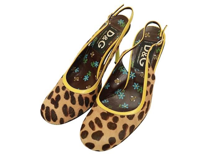 Dolce & Gabbana D&G Léopard Poils De Veau Talons Garnis Jaunes Slingback Mules Chaussures 38 Crin Multicolore  ref.1093929