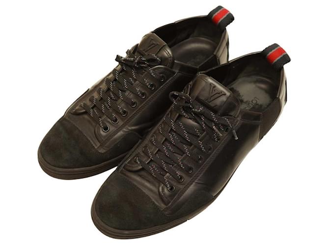 Louis Vuitton Men's Black Leather & Suede Sneakers Trainers Lace Up Shoes size 8  ref.1093941