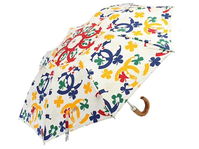 CHANEL Foldable Semi-Automatic Parasol Umbrella Cotton Wood White CC Auth bs8499 Multiple colors  ref.1094087