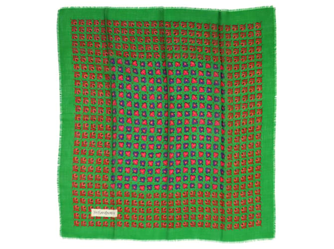 Saint Laurent Green floral branded frilled scarf  ref.1097903