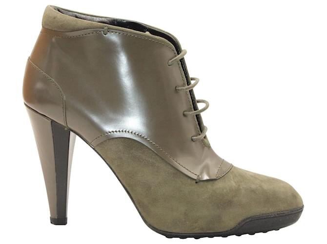 Tod's Lace-Up High Heel Boots in Olive Suede and Leather Green Olive green  ref.1098131