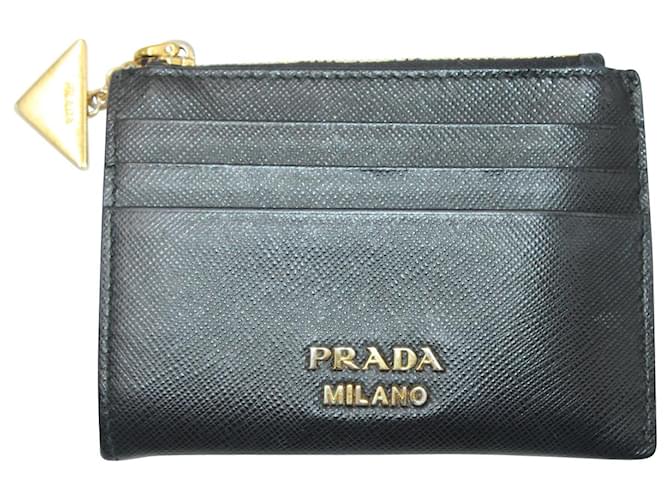Prada Triangle Card Holder Wallet in Black Saffiano Leather  ref.1098137