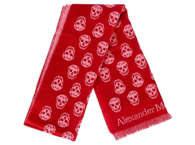 Lenço com franjas com logotipo de caveira Alexander McQueen em lã vermelha Vermelho  ref.1098163