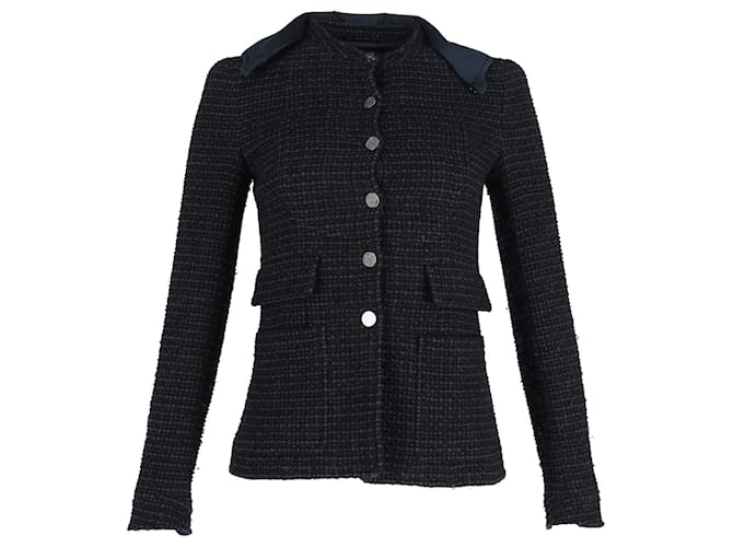 Giacca aderente in tweed Boucle Chanel con colletto staccabile in cotone blu navy  ref.1098175