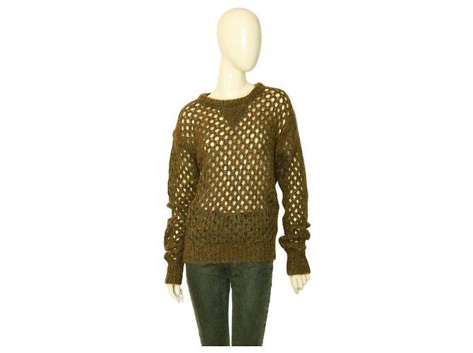 Isabel Marant Grün Beige Woll-Mohair-Pullover mit offenem Strick, perforiert. Top-Größe 38