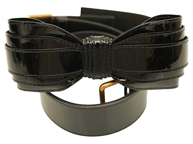 Yves Saint Laurent YSL Damen-Taillengürtel aus schwarzem Lackleder mit Schnalle und Schleife  ref.1098255