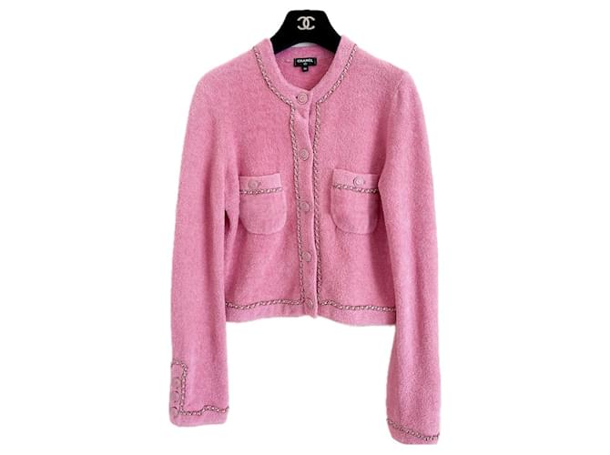 Chanel NEU 2020 Flauschige Jacke mit Kettenbesatz Pink Baumwolle  ref.1098265