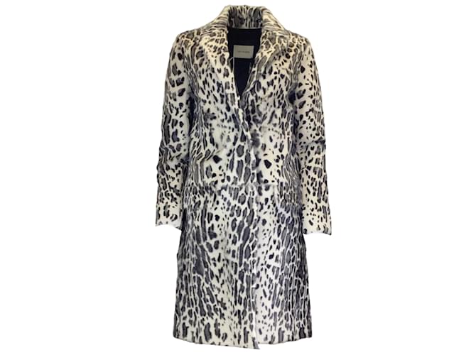 Yves Salomon Grey / Black Leopard Printed Silk Lined Goat Fur Coat  ref.1098452