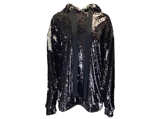 Marques Almeida Black / Silver Metallic Sequin Embellished Hooded Drawstring Sweatshirt Polyester  ref.1098453