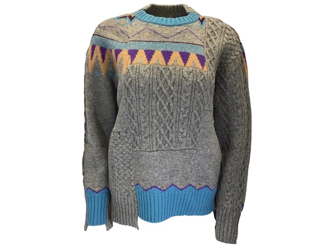Sacai Grey / Blue Multi Patchwork Cable Knit Wool Sweater  ref.1098456