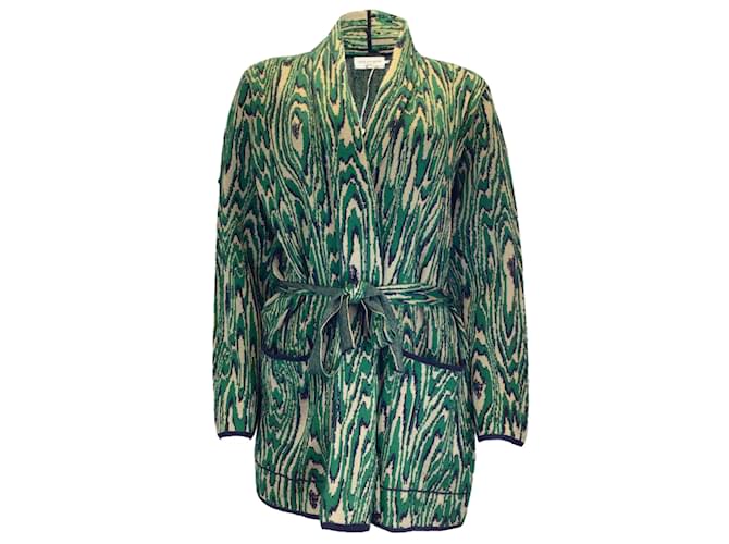 Dries van Noten Green / Beige / Black Long Sleeved Belted Wool Knit Cardigan Sweater Viscose  ref.1098457