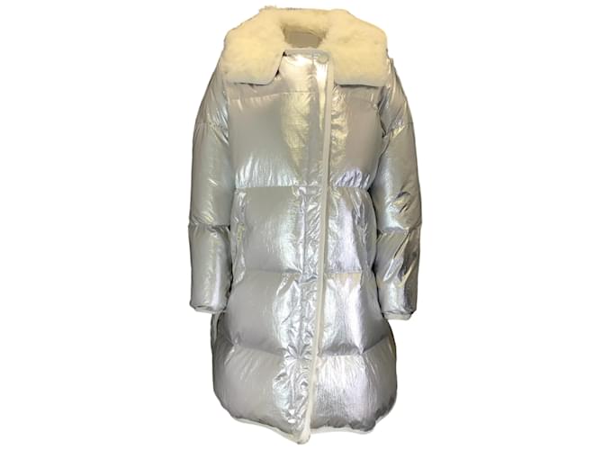 Yves Salomon Army Silver Metallic / Ivory Lamb Shearling Trimmed Hooded Quilted Down Puffer Coat Silvery Fur  ref.1098459