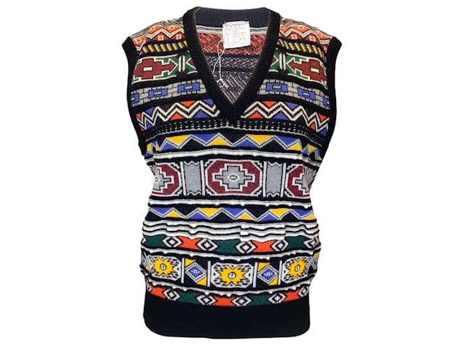 Stella Jean Black Multi Sleeveless V-Neck Wool Knit Jacquard Vest Multiple colors  ref.1098464