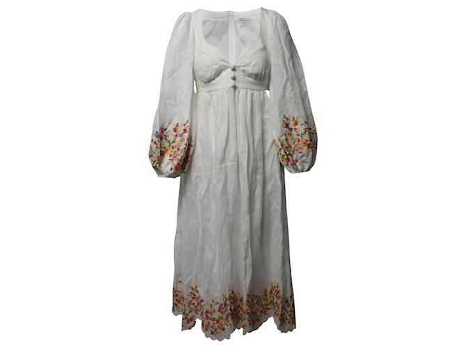 Zimmermann Mae Floral Midi Dress in White Linen  ref.1098662