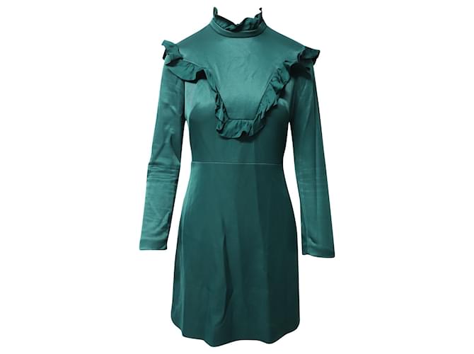 Sandro Paris Ruffled Dress in Teal Polyester  Green  ref.1098702