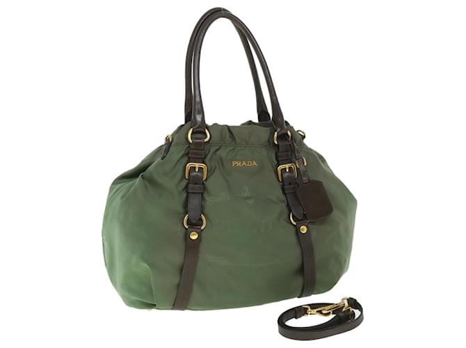 PRADA Hand Bag Nylon Leather 2way Green Brown Auth 56070  ref.1098771