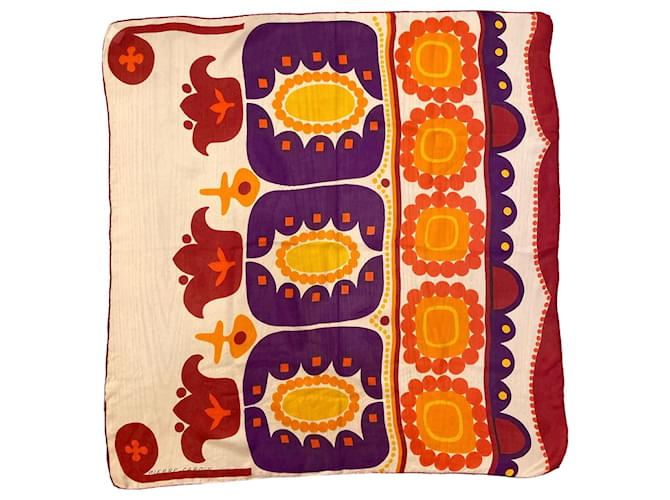 Sublime foulard 60s  Pierre Cardin soie sauvage motifs géométriques multicolores Rouge Beige Orange Violet  ref.1099105