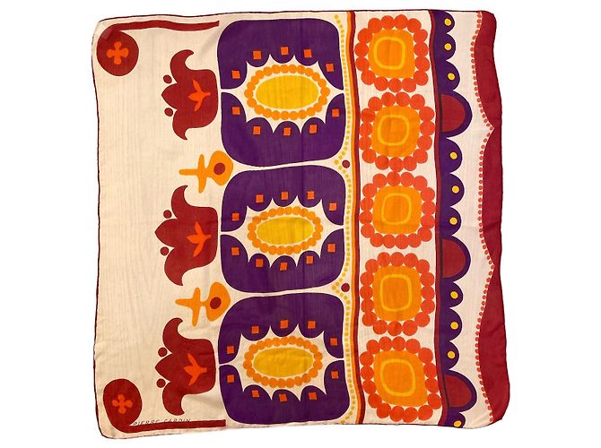 Sublime scarf 60s Pierre Cardin wild silk multicolored geometric patterns Beige Orange Purple