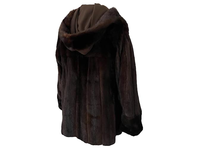 Autre Marque Detachable hooded coat 70s reversible in mink and cotton blend Dark brown Polyester Fur  ref.1099110