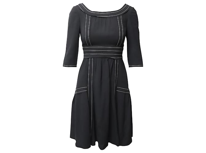 Prada Contrast Stitch Midi Dress in Black Silk Acetate Cellulose fibre  ref.1099317