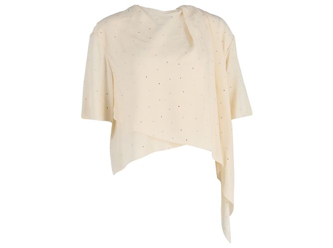 Céline Celine Top drapeado assimétrico embelezado com strass em seda creme Branco Cru