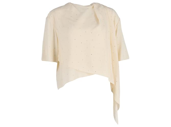 Céline Celine Top drapeado assimétrico embelezado com strass em seda creme Branco Cru  ref.1100835