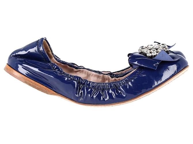 Miu Miu Crystal Embellished Ballet Flats in Blue Patent Leather  ref.1100841