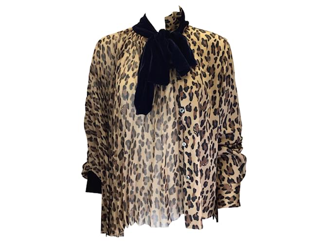 Sacai Tan / brown / Black / Navy Blue Velvet Tie-Neck Pleated Leopard Printed Satin and Crepe Blouse Multiple colors Polyester  ref.1101344
