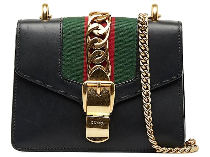 Bolso bandolera mini Sylvie de cuero negro con cadena de Gucci Becerro  ref.1101728