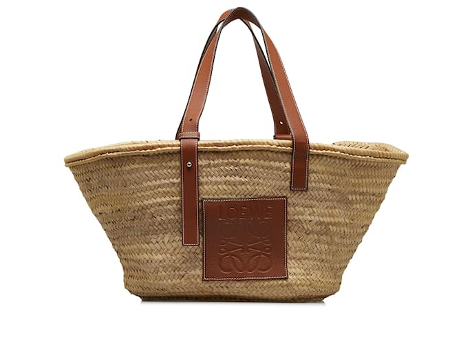 Loewe Brown Large Raffia Basket Tote Bag Beige Leather Pony-style calfskin  ref.1101733