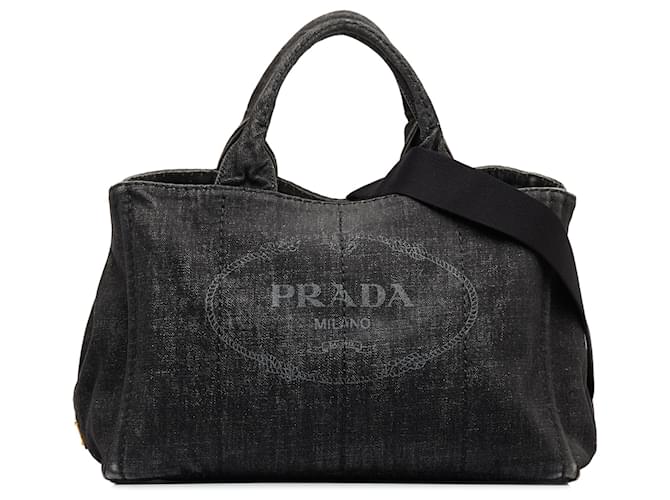 Prada Black Canapa Logo Denim Satchel Cloth  ref.1101803