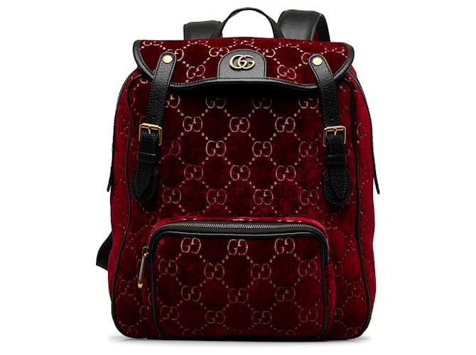 Gucci Red GG Velvet Double Buckle Backpack Leather Pony-style calfskin Cloth  ref.1101818