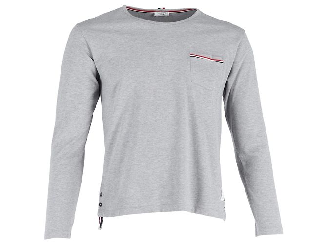 Thom Browne Camiseta de manga larga con bolsillo en algodón gris