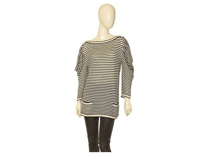 Stella Mc Cartney Stella McCartney Schwarz-weiß gestreifter Kaschmir-Strickpullover mit U-Boot-Ausschnitt. Top-Größe 44 Beige