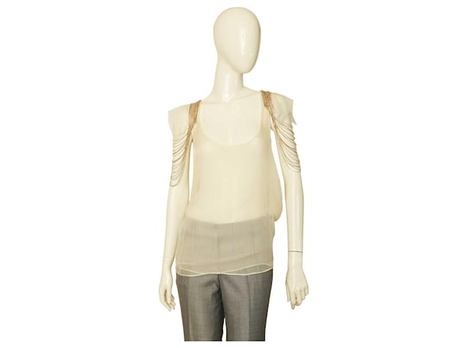 Stella Mc Cartney Stella McCartney Ivory Silk Beaded Shoulder Gold Chains Blouse Top size 40 Beige  ref.1102424