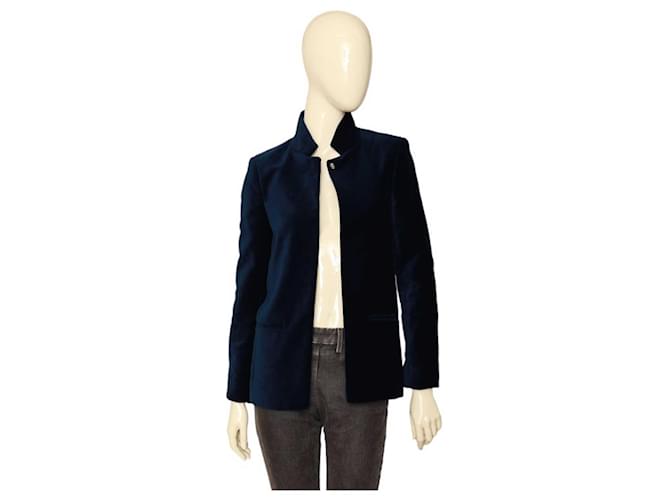 Zadig & Voltaire Volly Velour Blue Velvet Open Front Fitted Jacket Blazer 36 Cotton  ref.1102436