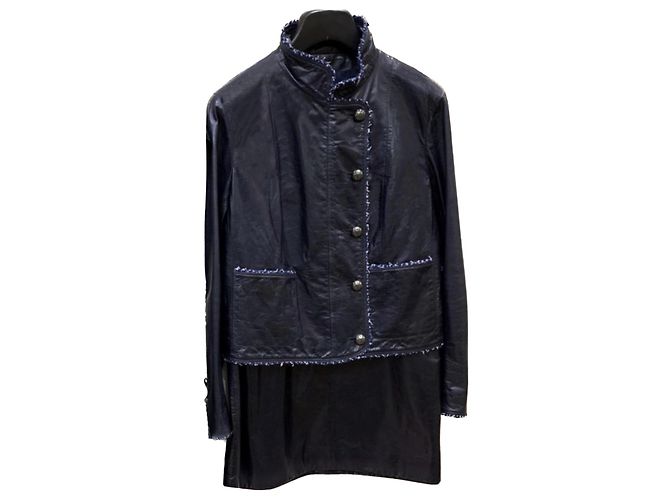 Chanel Terno de tweed de couro raro Azul marinho Azul escuro