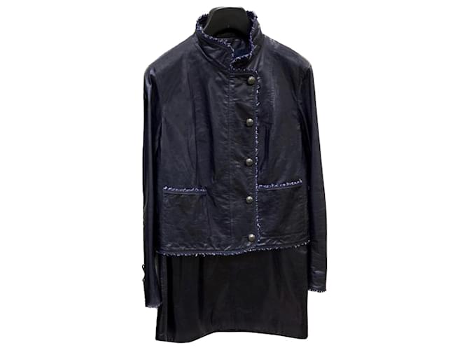 Chanel Seltener Leder-Tweed-Anzug Marineblau Dunkelblau Seide Lammfell  ref.1102764